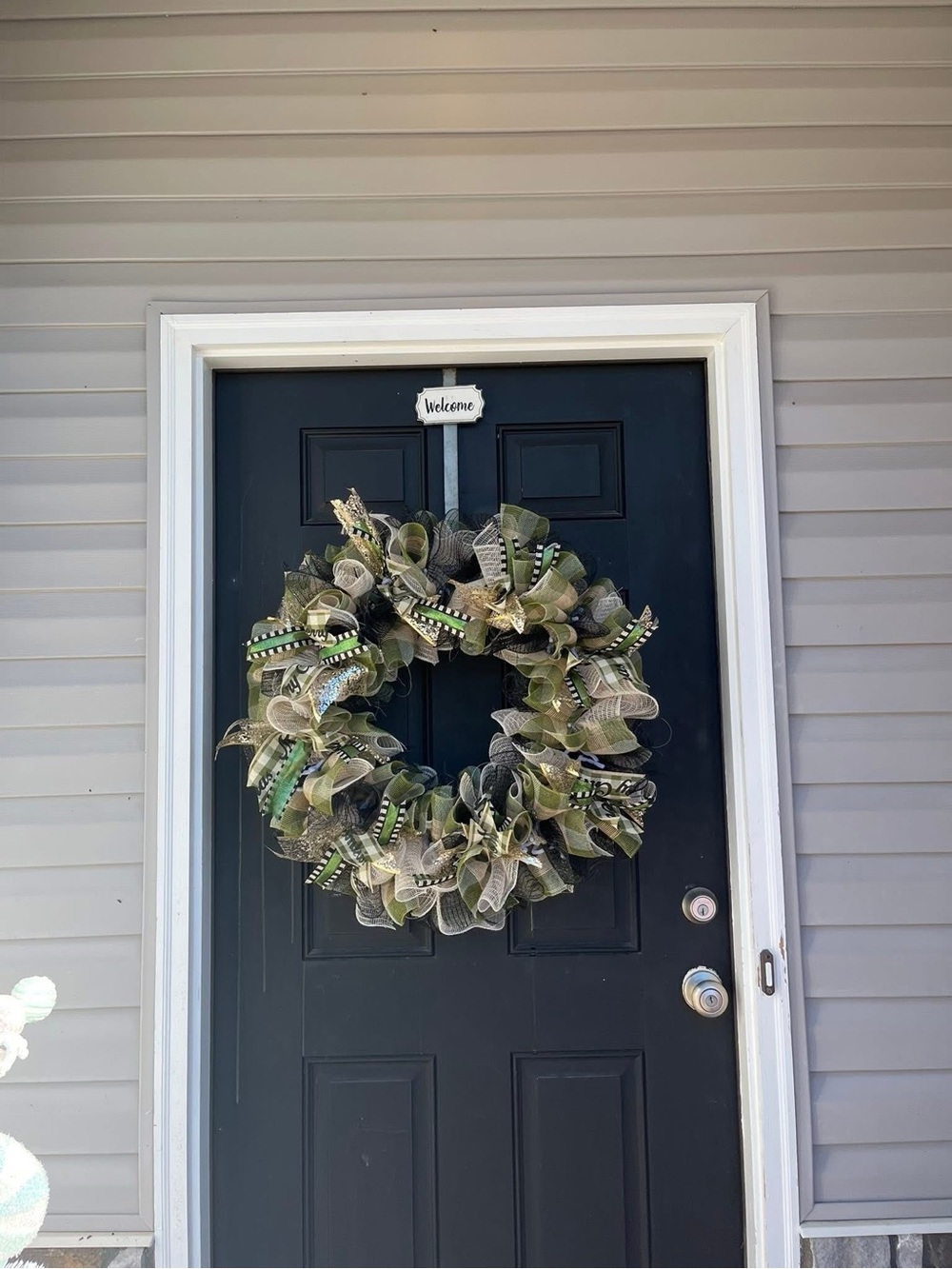 Welcome Green and Neutral Mesh Holiday Wreath